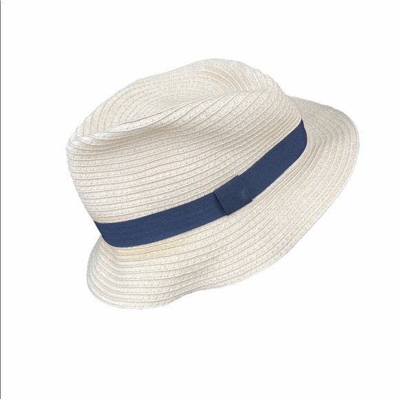 LOFT straw Fedora Pool Navy Blue Ribbon Bow beach hat Womens tan - Picture 1 of 3